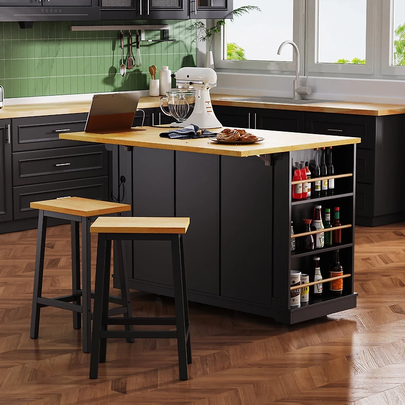 Noble House 53inch Large Kitchen Island with 2 Bar Stools, Power Outlet,Black
