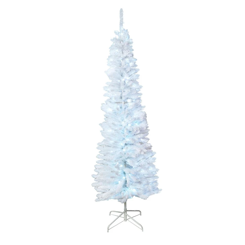 Arbre mince blanc prééclairé de 7 pi, 200 lumières led blanc pur de 5 mm, multifonction et minuterie, 600 pointes