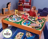 KidKraft Ride Around Town Wooden Train Set and Table with Storage Bins and 100 Pieces, Honey