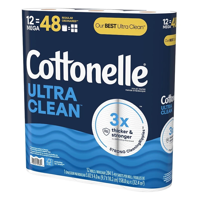 Cottonelle Ultra Clean Toilet Paper, 12 Mega Rolls, 284 Sheets per Roll