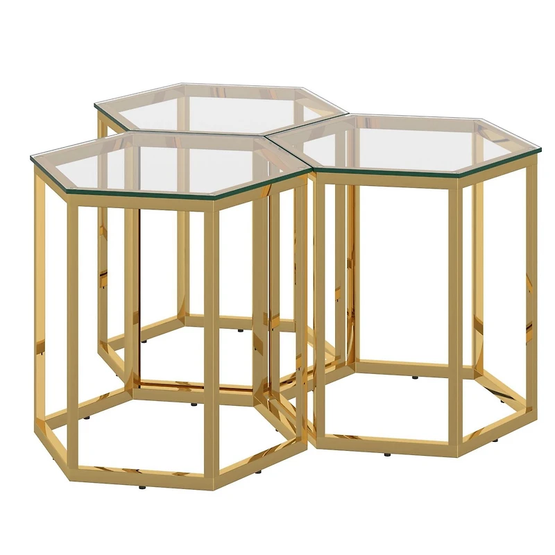 Table d'Appoint Contemporaine en Métal et Verre, Jeu de 3 - Or