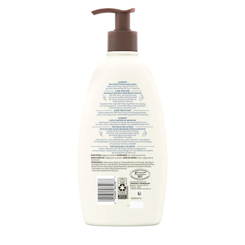 Lotion hydratante apaisante Aveeno, beurre de karité, triple avoine, diméthicone, hydratant pour peau sèche qui démange, sans parfum 532 ml