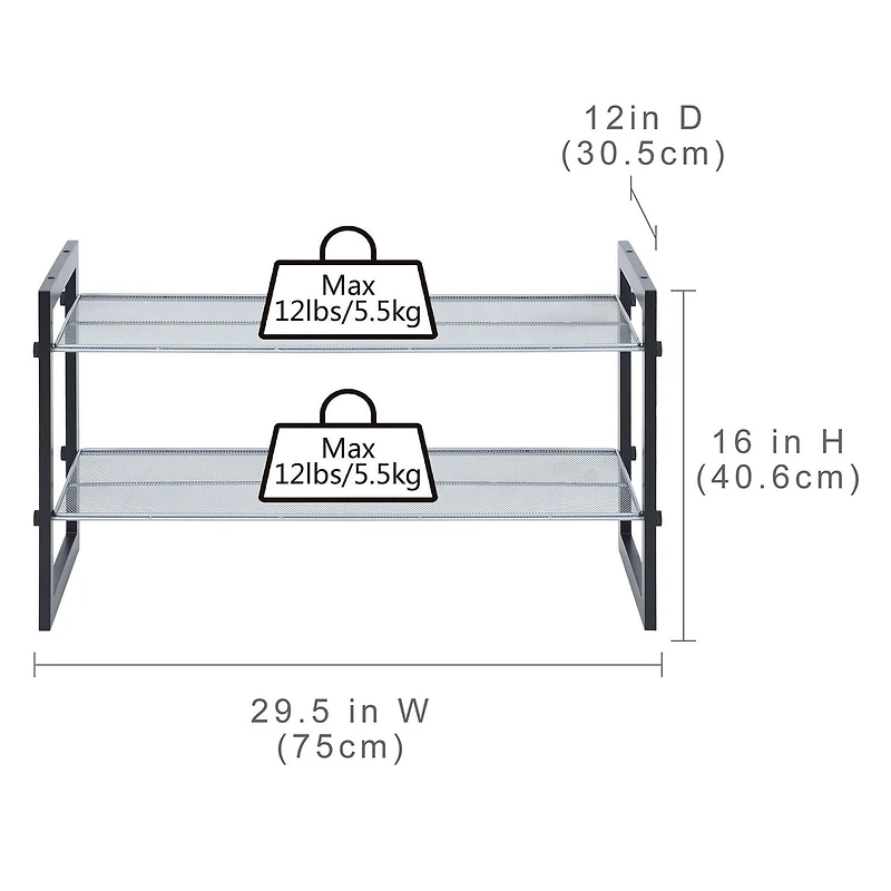 Mainstays Two-Tier Stackable Shoe Rack, Mesh Silver Shelves with Brown Wood Frame, Stackable, Product assembled size:29.5 in. W x 12 in. D x 16 in. H