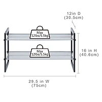 Mainstays Two-Tier Stackable Shoe Rack, Mesh Silver Shelves with Brown Wood Frame, Stackable, Product assembled size:29.5 in. W x 12 in. D x 16 in. H