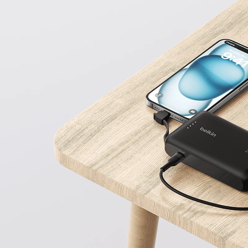 Belkin BoostCharge Portable Power Bank, 2.2in/5.7cm Integrated Cable 10,000mAh PD 20W Fast Charge USB-C Power Delivery, Portable iPhone Charger for iPhone 15 Series, iPad Pro, Galaxy S24 & More Black, BEL 10K 20W CABLE PWRBNK BLK