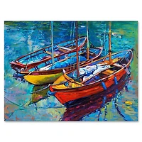 Designart Three Boats In The Harbor Canvas Wall Art
