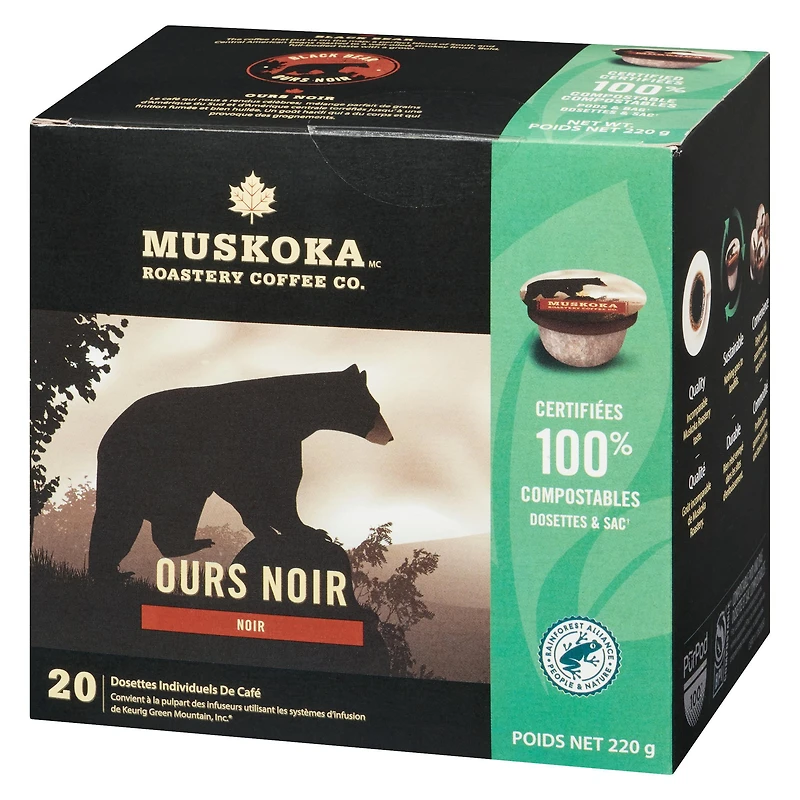 Dosettes de café Ours Noir de Muskoka Roastery Coffee Co. à torréfaction foncée en emballage d'une portion