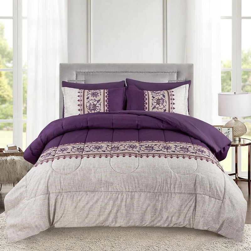 Marina Décoration Literie luxueuse ultra douce en duvet d'oie, alternative au duvet d'oie, richement imprimée, avec draps et motif floral moderne aubergine aster