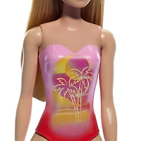Barbie Poupée Plage Cheveux blonds, maillot rose à imprimé palmiers