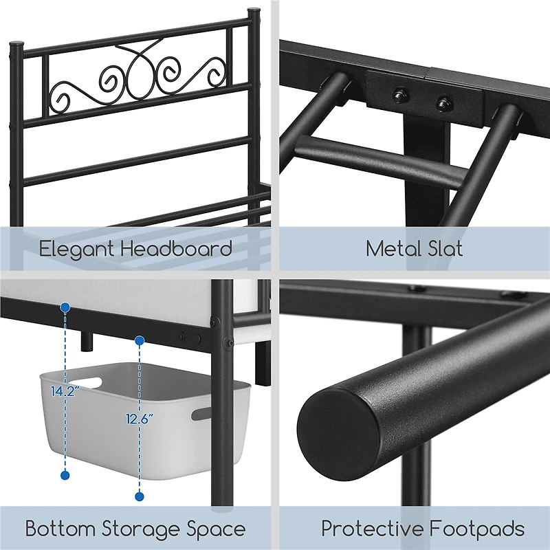 Fullfurnique Cadre de Lit Métallique avec Tête et Pied de Lit à Volutes, Queen, Noir