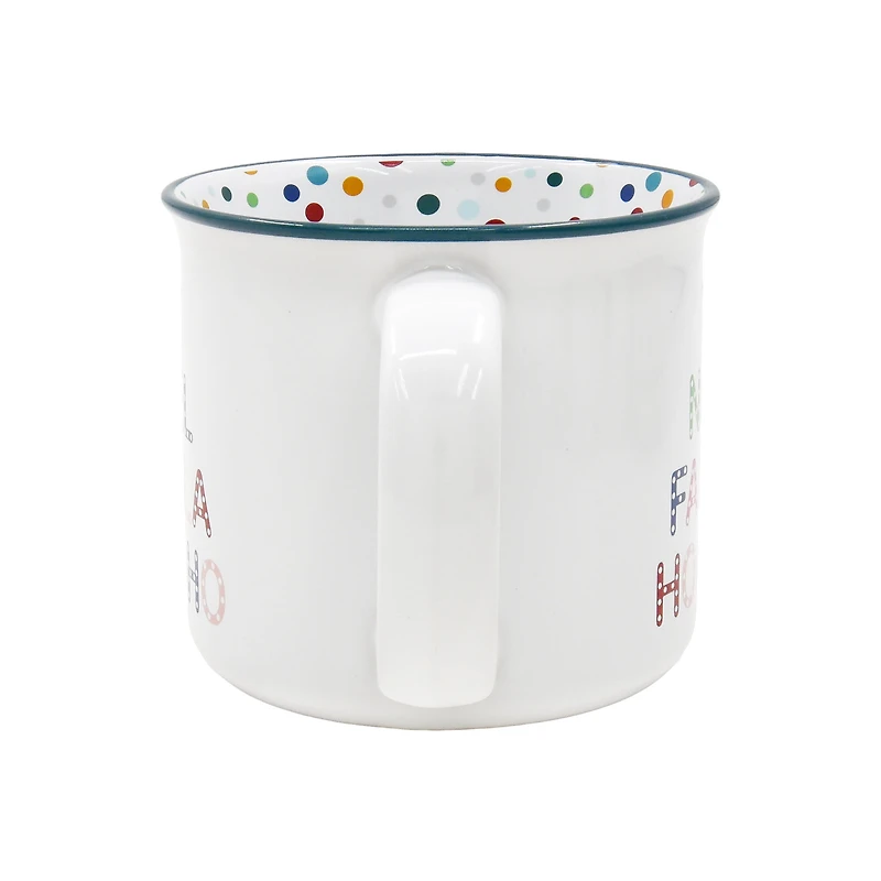 Holiday Time 15 oz Stoneware Christmas Words “NOEL FALALA HOHOHO" Blue Rim Polka Dot Festive Mug