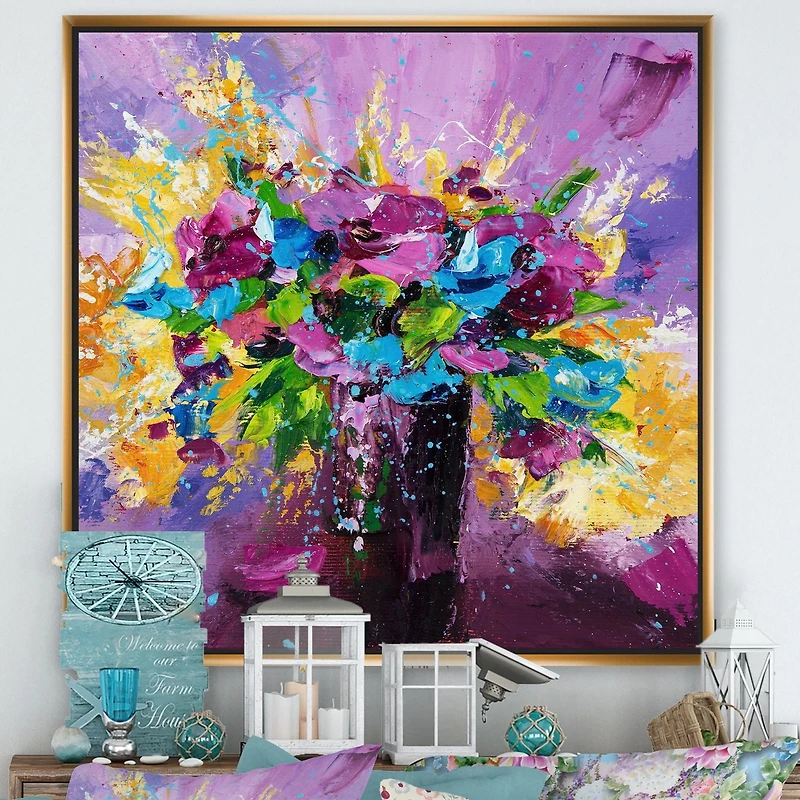 Designart Bouquet lumineux de fleurs de printemps sur fond violet ART MURAL À CADRE FLOTT