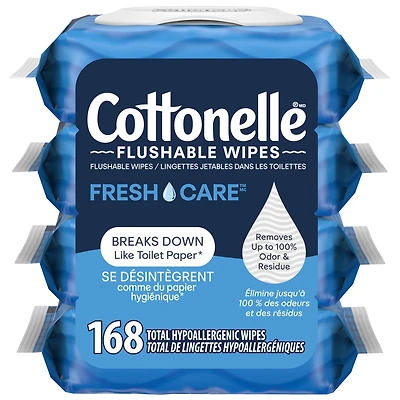 Lingettes humides jetables dans les toilettes Cottonelle Fresh Care, lingettes humides pour adultes, 4 paquets à couvercle rabattable, 42 lingettes par paquet (168 lingettes au total)