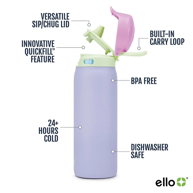 Ello Flip & Fill 18 oz Stainless Steel Water Bottle, <ul><li>18oz Capacity </li><li>Easy-to-use flip lid</li><li>All parts BPA free</li></ul>