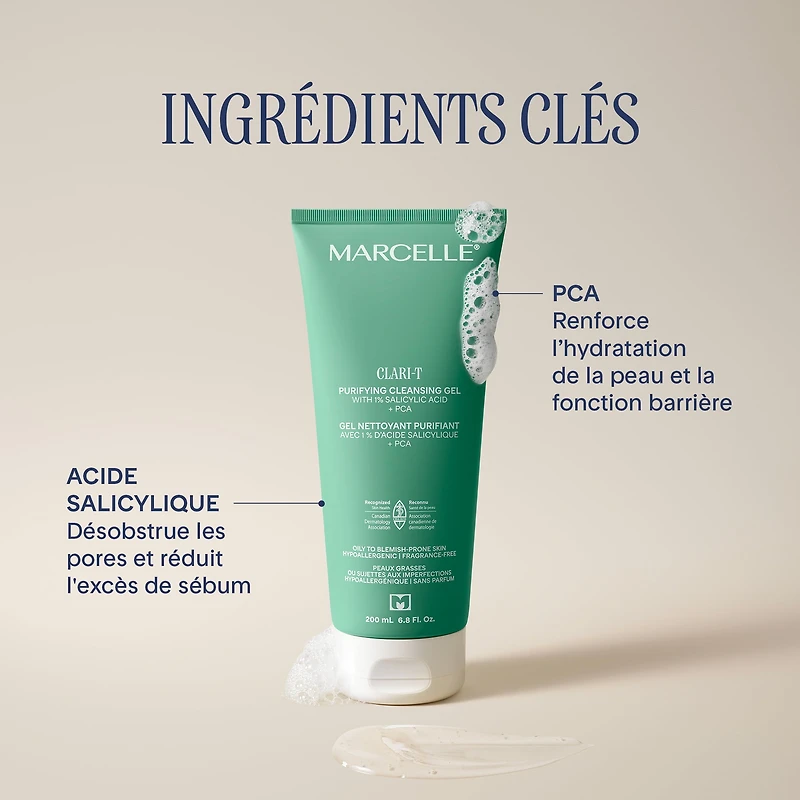 Marcelle Clari-T Gel nettoyant purifiant avec 1 % d'acide salicylique + PCA, 200mL Clarifiant. Exfoliant. Nourrissant.