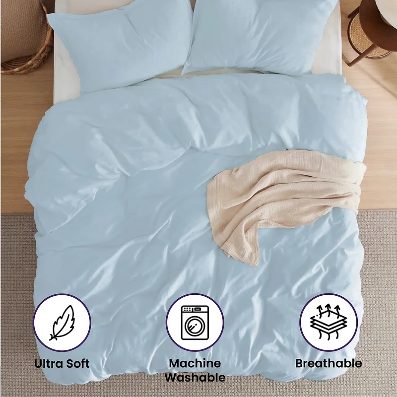 Ensemble de housse de couette 100 % coton Beddora – Respirant pour toutes les saisons – Cordons d’attache aux coins et fermeture à boutons – Formats Queen et King