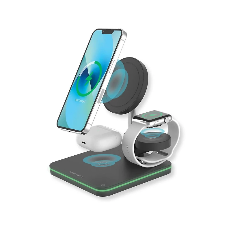 Merkury Innovations 3-in-1 Magnetic Wireless Fast Charging Station for iPhone, AirPods and Apple Watch, 3-in-1 Magnetic Wireless Charging Station