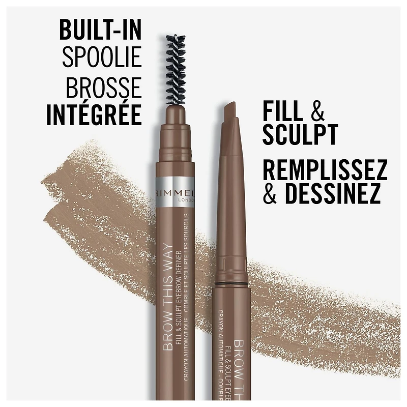 Rimmel Crayon à sourcils Brow This Way Fill & Sculpt, double extrémité, formule crémeuse, modulable, jusqu'à 12h d'usure, 100% Sans Cruauté Définissez & Sculptez vos sourcils