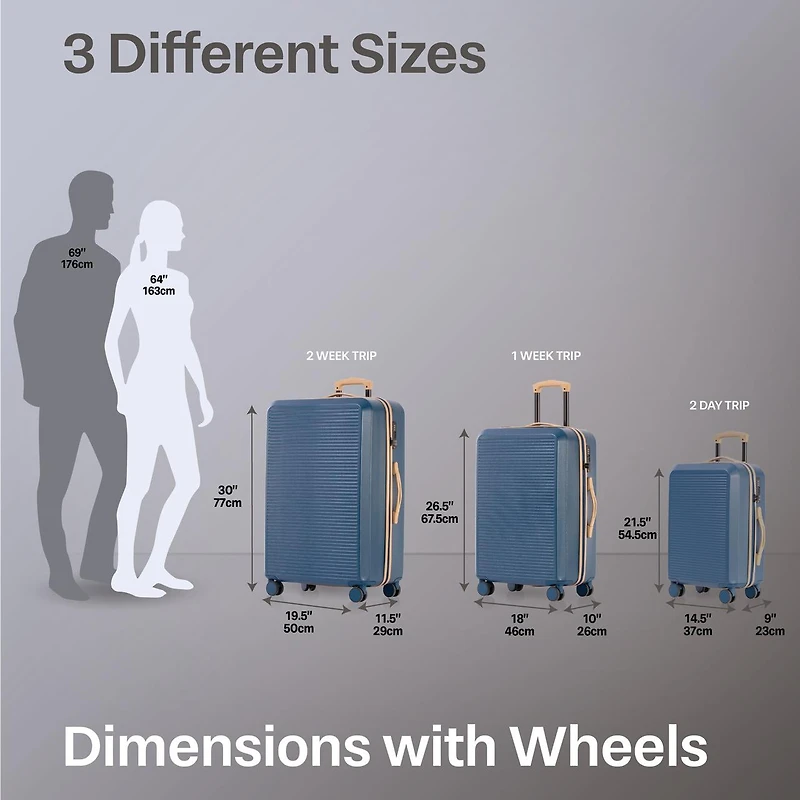 Ensemble de bagages rigides 3 pièces : Valises grandes 28 pouces et 24 pouces avec roulettes, et Valise Cabine 20 pouces