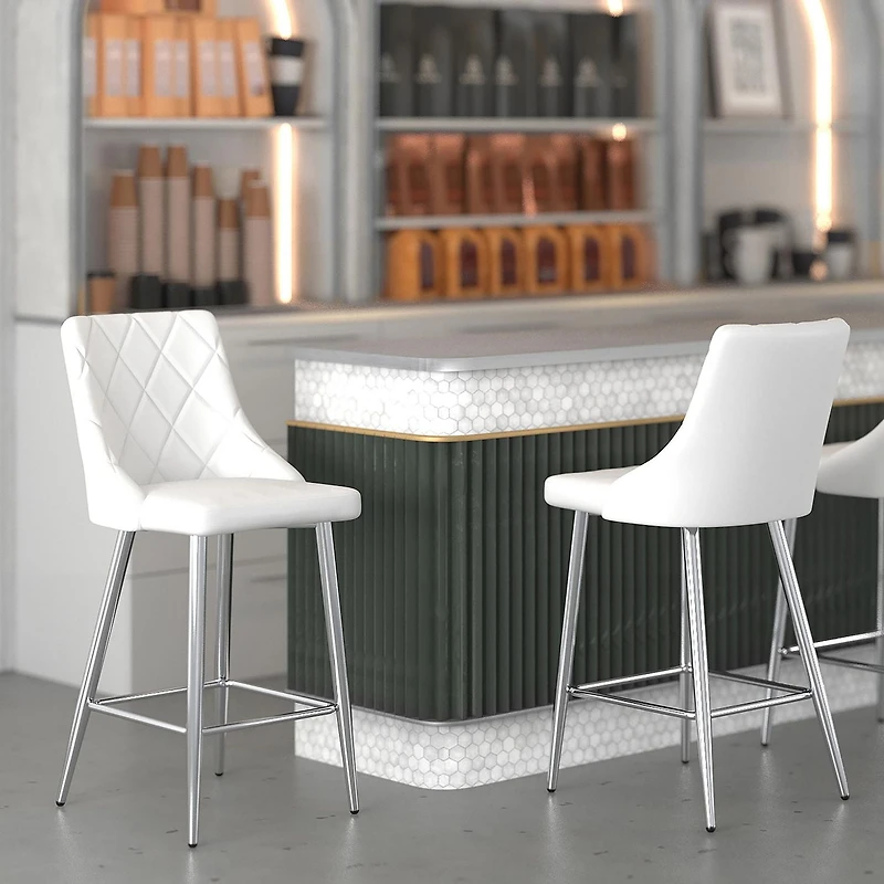 Tabouret de Comptoir, 26 Po, Jeu de 2 Contemporaine en Similicuir et Métal - Blanc et Chromé