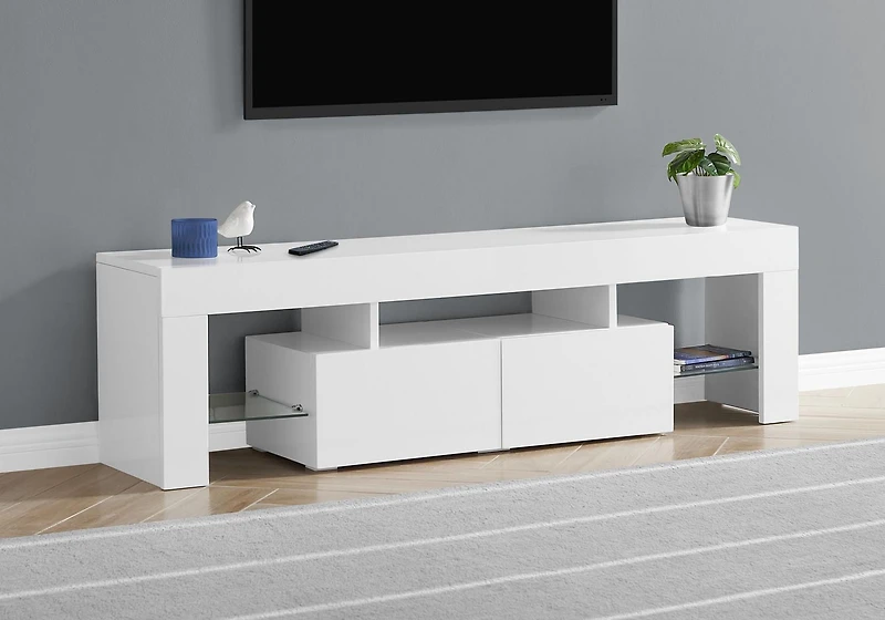Monarch Specialties Meuble Tv, 63 Pouces, Console, Centre De Divertissement Média, Unite De Rangement, Salon, Chambre À Coucher, Stratifié, Blanc Lustré, Dégager, Contemporain, Moderne