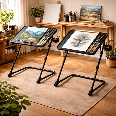 Homy Casa Ensemble de 2 tables à dessin réglables avec roulettes, tables d’appoint pliantes portatives avec plateau inclinable, porte-gobelet et roulettes verrouillables, noir