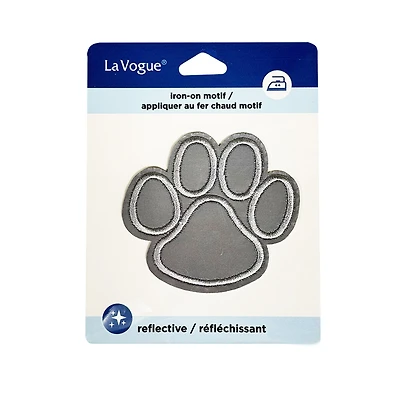 LA VOGUE Reflective Paw Embroidered Iron‑On Patch, 1 Piece — ~11.43 × 8.89 cm (4.5 × 3.5 in)