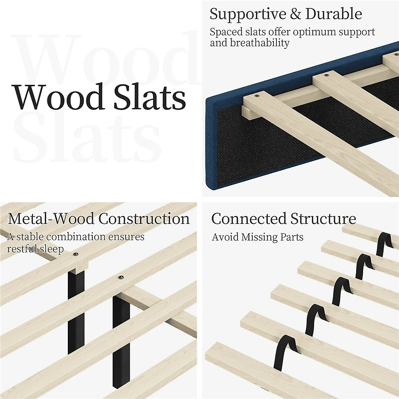 Fullfurnique Upholstered Platform Bed Frame with Square Tufted Headboard, Full, Navy Blue