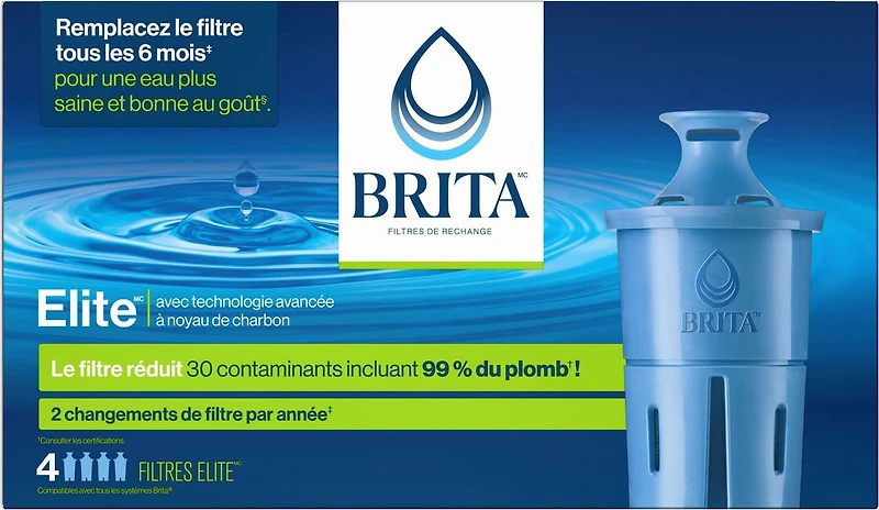 Filtre de rechange Brita Elite, réduit plus de 30 contaminants tout en conservant les minéraux sains, certifié par la WQA pour la réduction du plomb, des microplastiques, du chrome et du chlore, dure 4 filtres par boîte