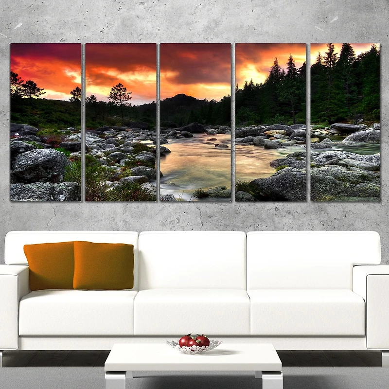 Design Art Rocky Mountain River at Sunset Extra Large Wall Art Landscape