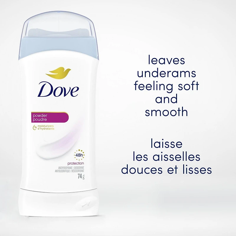 Dove Bâton antisudorifique Poudre, pour Femmes, Protection contre la transpiration et les odeurs des aisselles pendant 48 heures, 74g