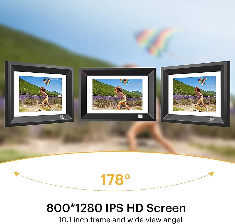 KODAK RDPF-1020V Cadre photo numérique 10,1 pouces IPS, 800 x 1280, cadre en bois 8 Go, noir