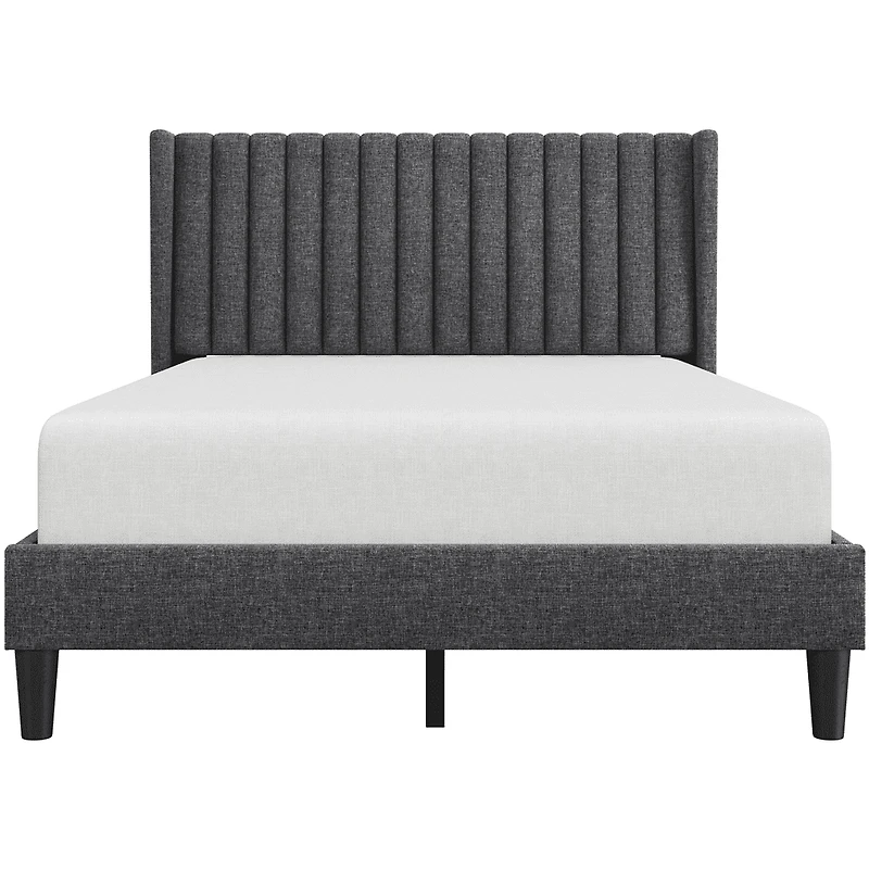 Fullfurnique Upholstered Bed Frame with Wing Side and Channel Headboard, Queen, Dark Gray