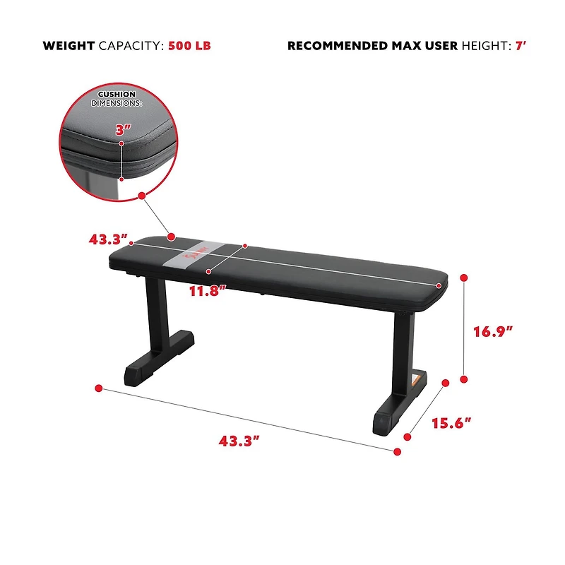 Sunny Health & Fitness Flat Weight Bench for Workout, Exercise and Home Gyms with 227 KG Weight Capacity - SF-BH620037