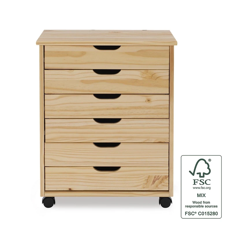 Craydon Six-Drawer Wide Roll Cart, Natural