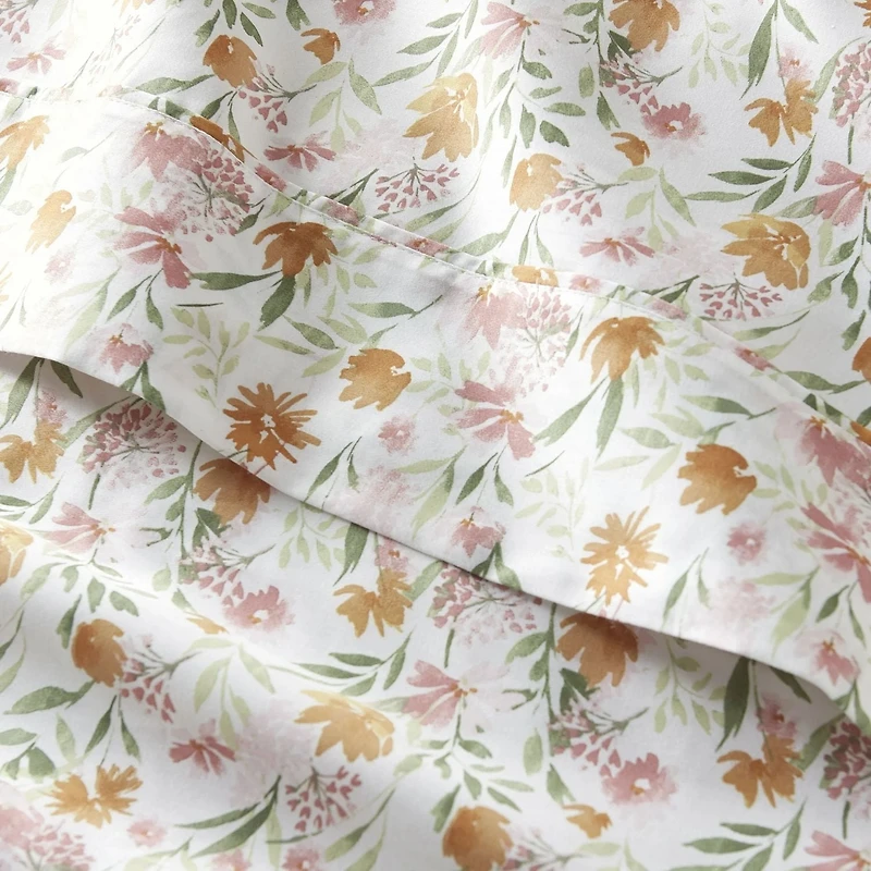 Parure de lit 4 pièces en satin de coton chaud 300 fils Better Homes & Gardens, motif fleurs timides, très grand lit Ensemble de draps en satin de coton 300 fils