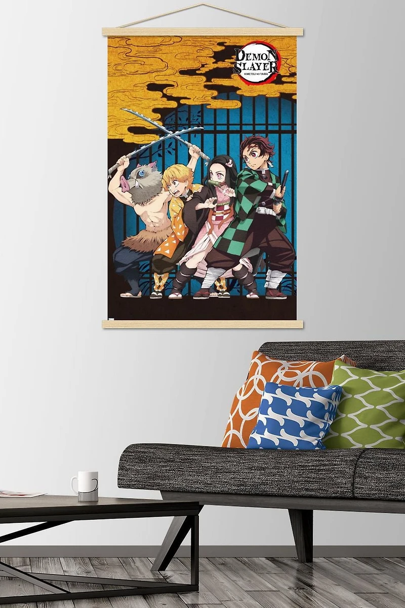 Demon Slayer – Group Art 22.375" x 34" Wall Poster with Beechwood Magnetic Frame, by Trends International