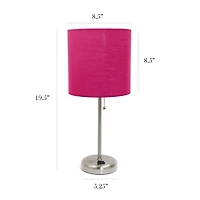 LimeLights Brushed Steel Stick Lamp with Charging Outlet and Fabric Shade 2 Pack Set