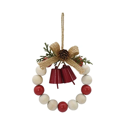 Holiday Time Winter Chalet Beaded Wooden Wreath With Bell Christmas Ornament, Red