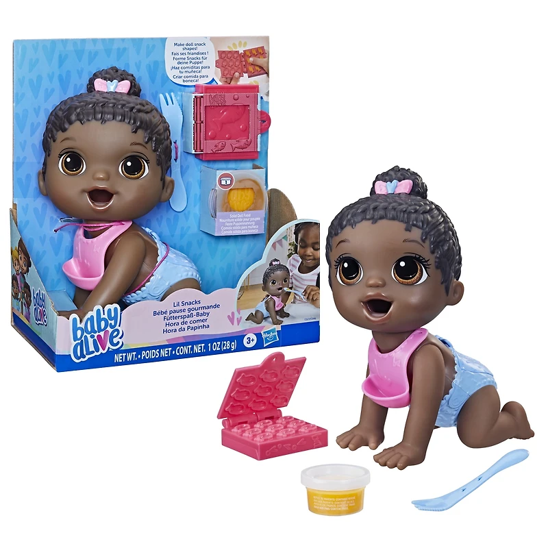 Baby Alive Lil Snacks Doll, Eats and "Poops," 8-inch Baby Doll Toy, Kids 3 and Up, Black Hair