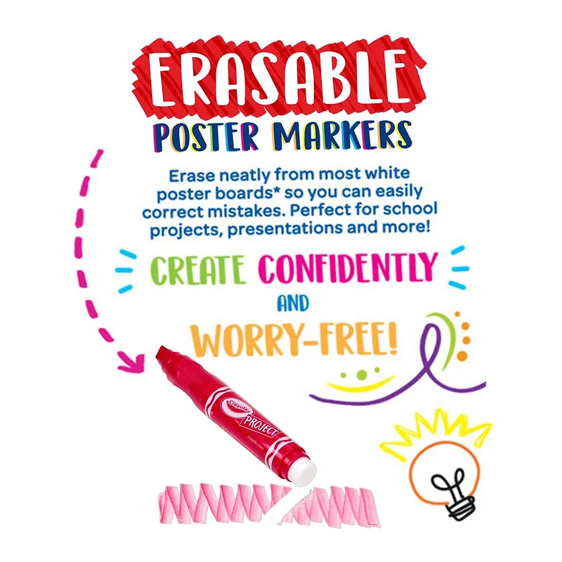 Crayola Project Erasable Poster Markers, 6 Count, Bold colours that you can erase