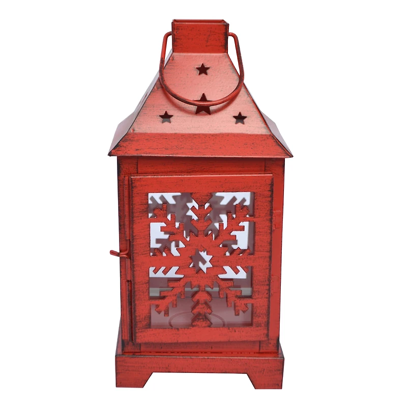 Holiday Time Metal & Glass Lantern, Christmas Decor, Snowflake Design, Red Finish, 10 inch
