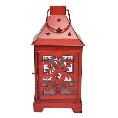 Holiday Time Metal & Glass Lantern, Christmas Decor, Snowflake Design, Red Finish, 10 inch