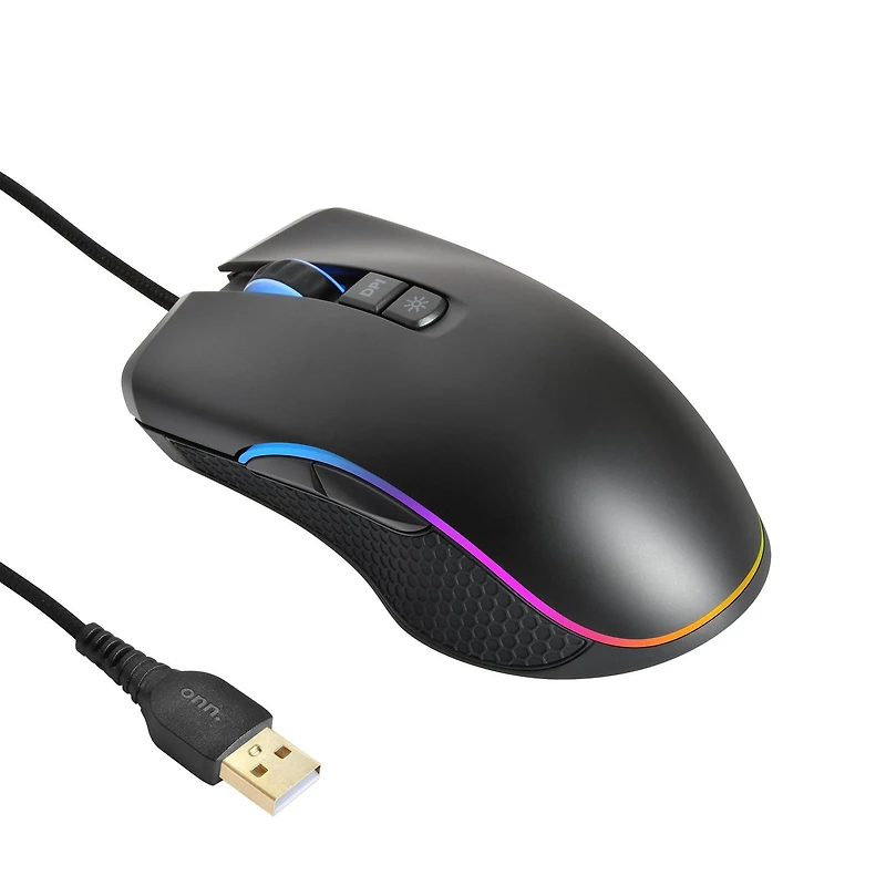 onn. 100027827 RGB Wired Adjustable DPI Gaming Mouse with LED Lighting Effects, 7 Programmable buttons