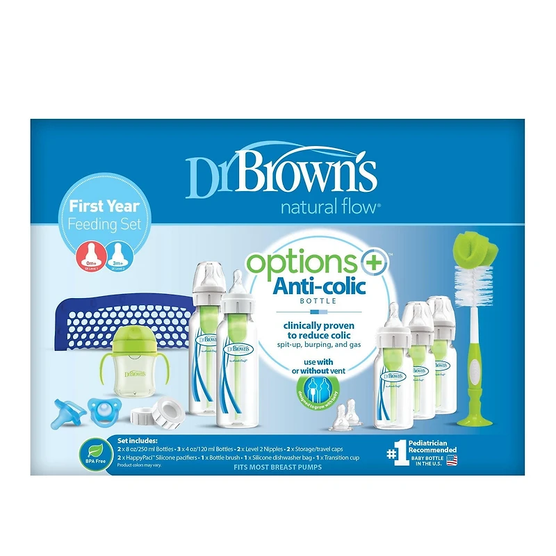 Dr. Brown’s® Natural Flow Anti-Colic Options+ First Year Feeding Set with Newborn Baby Bottles, Soft Spout Transition Cup, Bottle Cleaning Brush and 100% Silicone HappyPaci™ One-Piece Pacifiers, 14 pieces