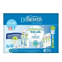 Dr. Brown’s® Natural Flow Anti-Colic Options+ First Year Feeding Set with Newborn Baby Bottles, Soft Spout Transition Cup, Bottle Cleaning Brush and 100% Silicone HappyPaci™ One-Piece Pacifiers, 14 pieces
