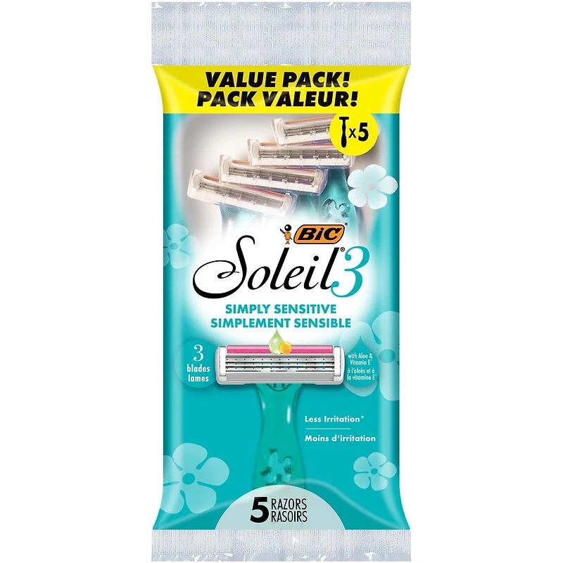 BIC Soleil Simply Sensitive Women's Disposable 3 Blade Razors, Soothing Moisture Strip, 5-Count Pack, Designed with your skin in mind