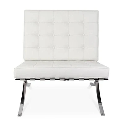 Fauteuil Lounge Blanc – Style Barcelone Mid-Century avec Pieds en Acier Inoxydable et Revêtement en Cuir de Qualité Supérieure, Alliant Élégance Intemporelle et Confort Moderne