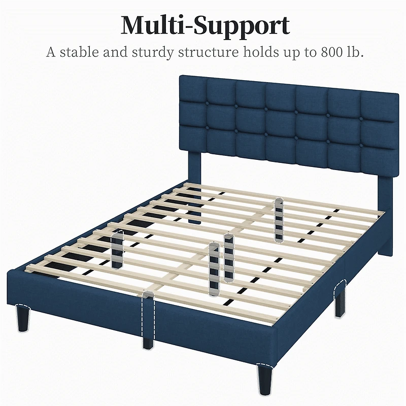 Fullfurnique Upholstered Platform Bed Frame with Square Tufted Headboard, Full, Navy Blue