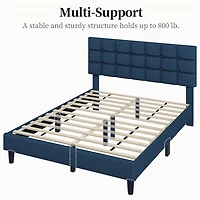 Fullfurnique Upholstered Platform Bed Frame with Square Tufted Headboard, Full, Navy Blue
